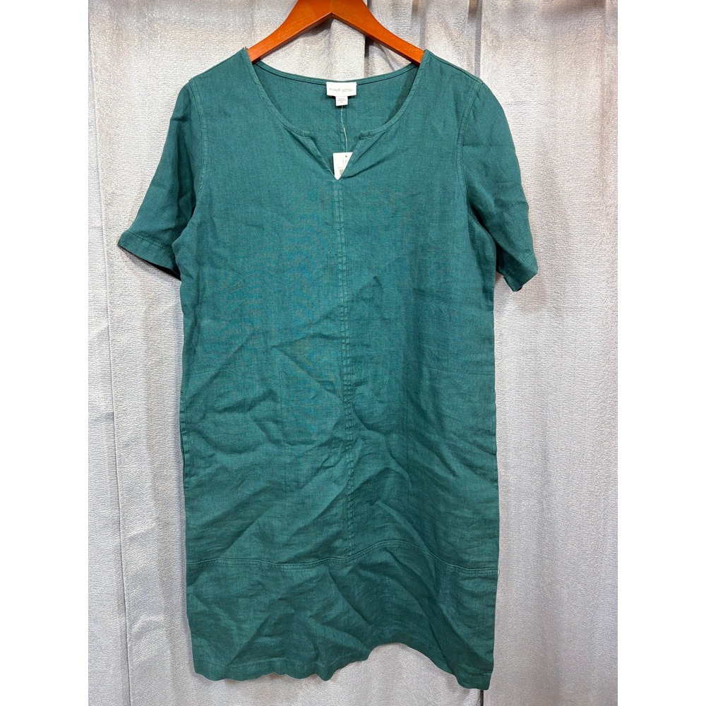 J. Jill Pure Jill Linen Shift Dress XS Green Garment Dyed Split Neck 243501 NEW